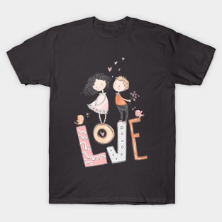 Big Love Cute Whimsically Drawn Girl and Boy T-Shirt